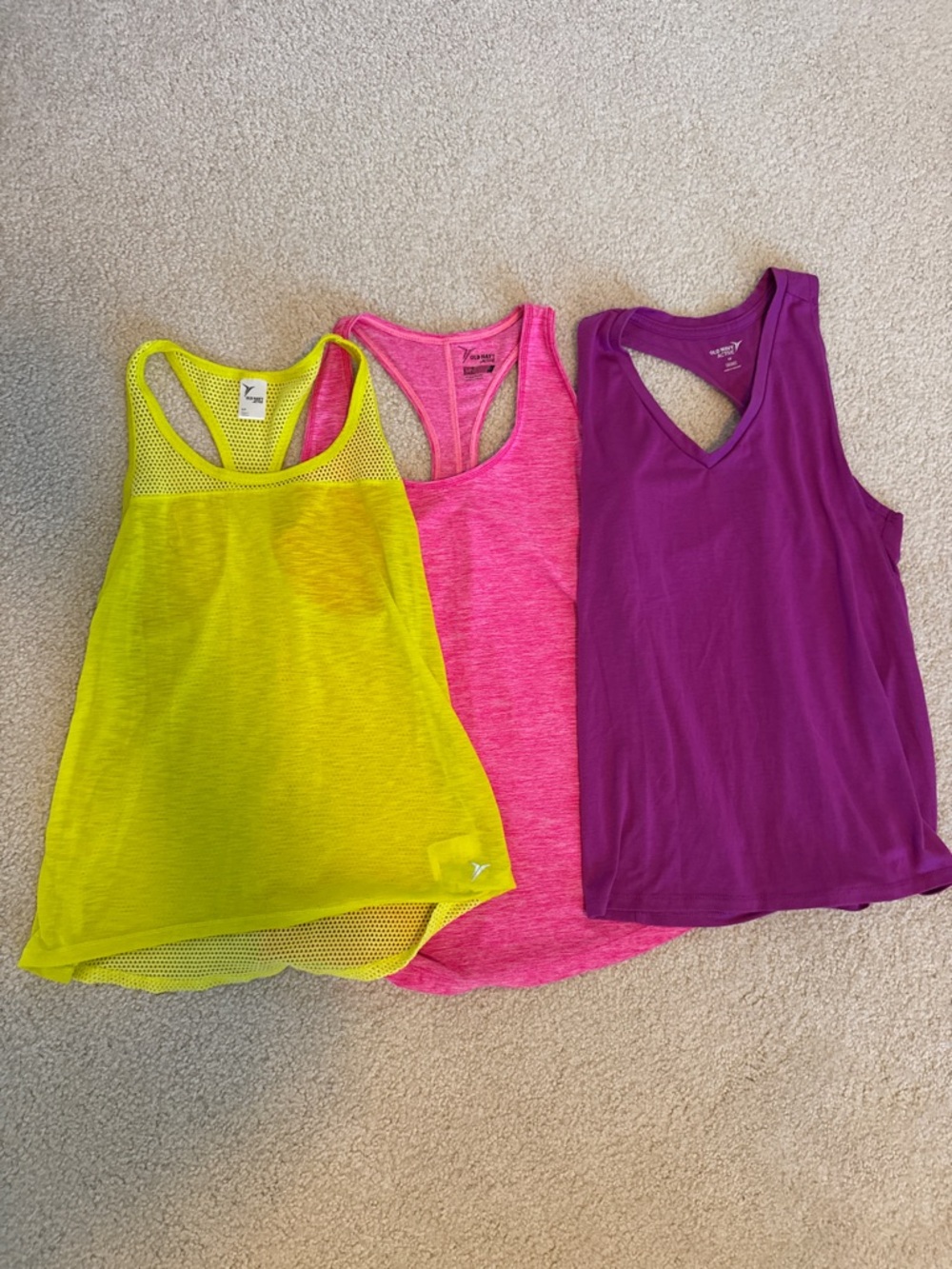 Three Bright Athletic Old Navy Tank Tops - Yellow, Hot Pink, Purple Size XS/S